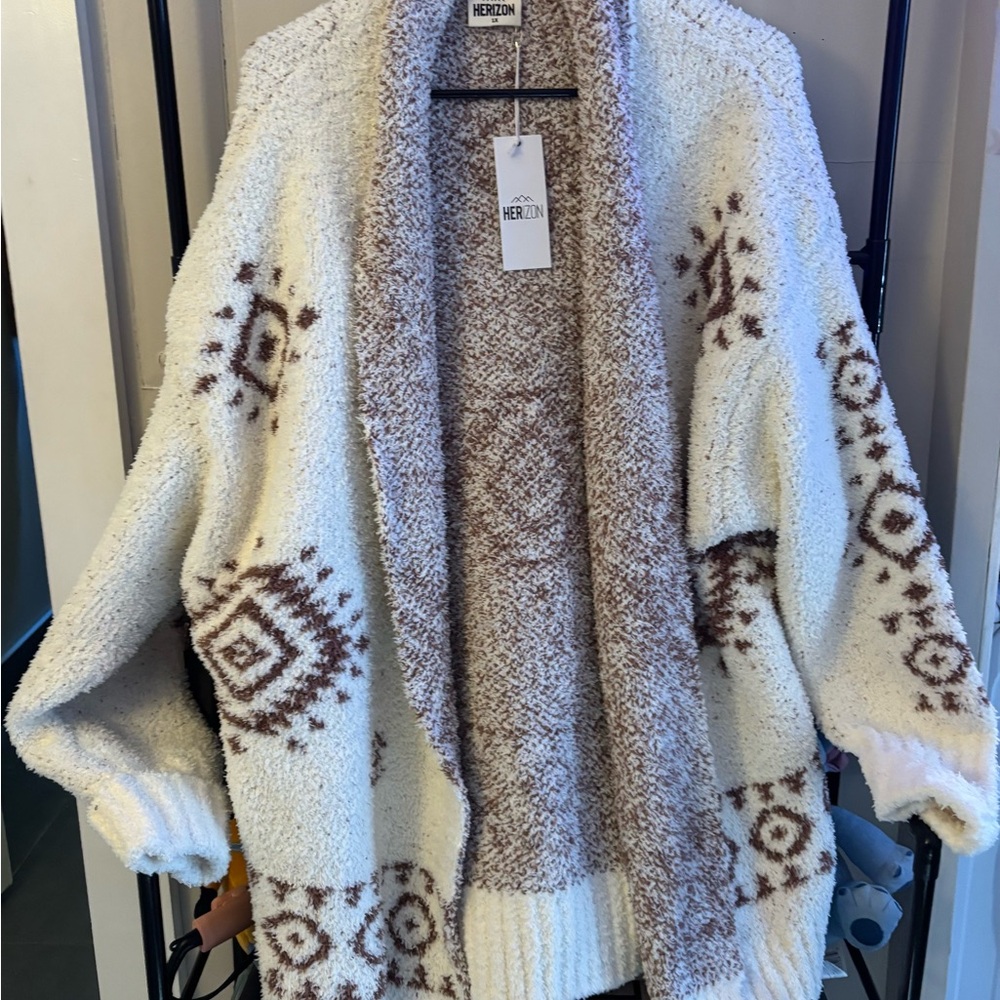 Cream and Brown Women's Cardigan